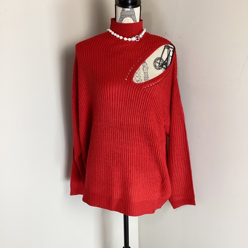 Runways Women’s Red Mock Neck Long Sleeve Pullover Side Cutout Sweater